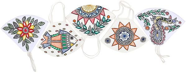 Lot of Five, Two Ply Cotton Fashion Mask with Hand-Painted Madhubani Motifs (Mandala, Flowers, Birds)
