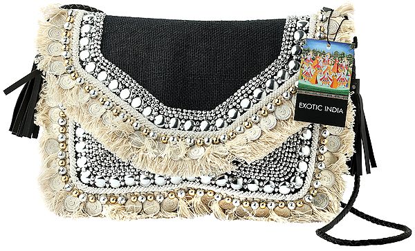Sustainable Jute Sling/Shoulder/Cross-Body Boho Handmade Bag with Cotton Banjara Tassels, Beads and Coins