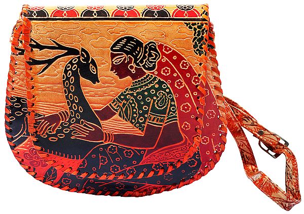 Original Leather Cross-body/Sling/Messenger Bag from Shantiniketan Kolkata, Hand-Carved and Hand-Painted with Non-Toxic Vegetable Dyes