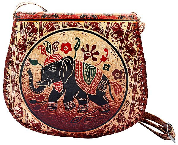 Original Leather Cross-body/Sling/Messenger Bag from Shantiniketan Kolkata, Hand-Carved and Hand-Painted with Non-Toxic Vegetable Dyes