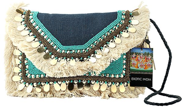 Eco-Jute Sling/Shoulder/Cross-Body Bohemian Embelished Bag with Cotton Banjara Tassels, Turquoise Beads and Golden Mirrors
