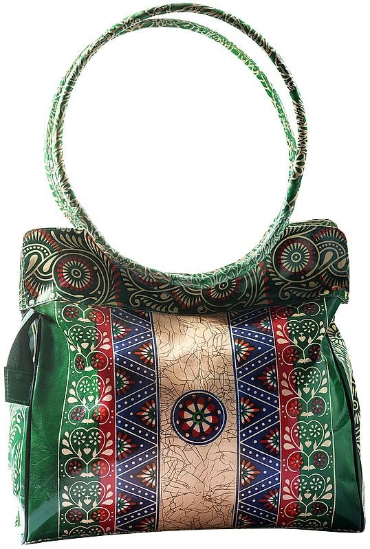 Verdant-Green Pure Leather Big Shoulder Bag from Shantiniketan Kolkata, Hand-Carved and Hand-Painted with Non-Toxic Vegetable Dyes