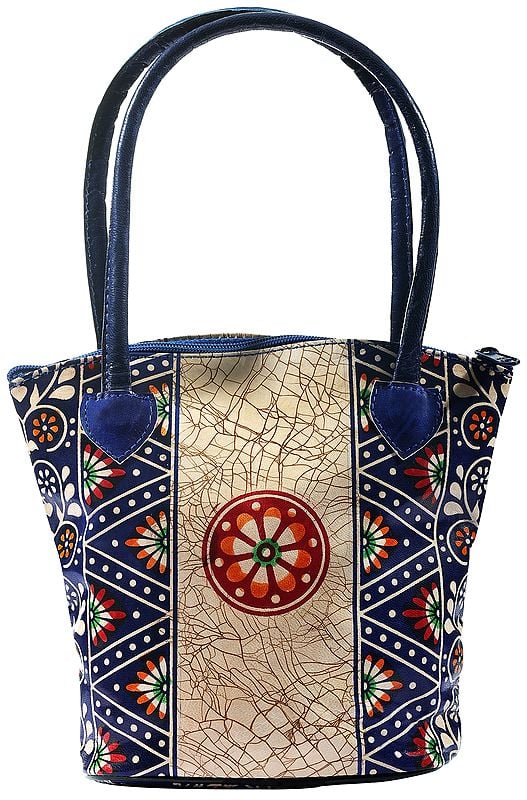 Pure Leather Batik Design Tote Hand-Bag from Shantiniketan Kolkata, Hand-Carved and Hand-Painted with Non-Toxic Vegetable Dyes