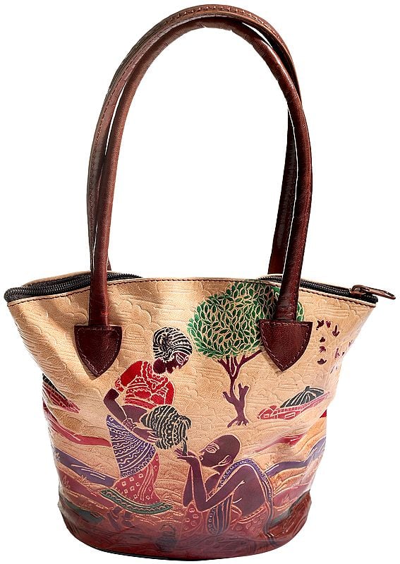 Pure Leather Boho Hand-Bag from Shantiniketan Kolkata, Hand-Carved and Hand-Painted with Non-Toxic Vegetable Dyes