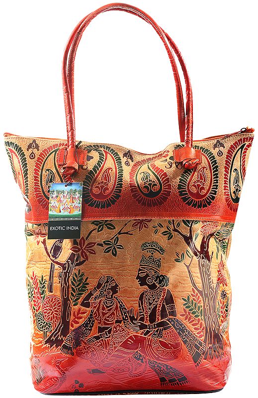Rust-Orange Pure Leather Big Shoulder Radha Krishna Bag from Shantiniketan Kolkata, Hand-Carved and Hand-Painted with Non-Toxic Vegetable Dyes