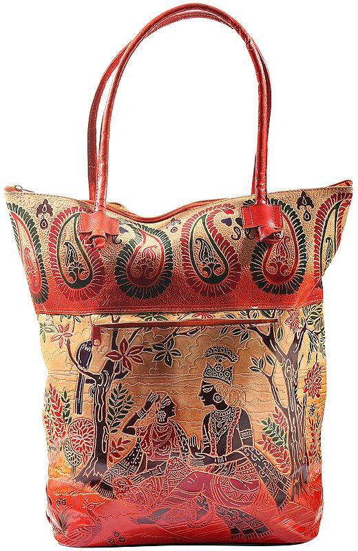 Rust-Orange Pure Leather Big Shoulder Radha Krishna Bag from ...