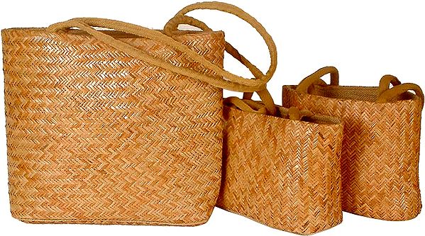 Set of Three Cane and Jute Shopper Bags
