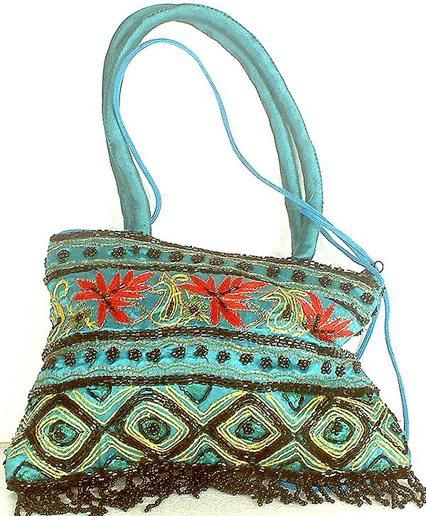 Turquoise Handbag with Threadwork and Beads