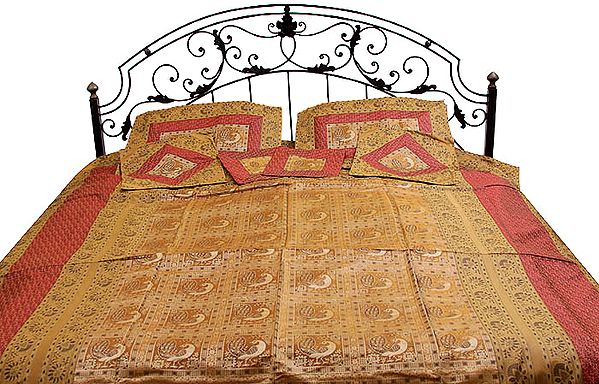 Golden and Maroon Seven-Piece Banarasi Bedcover with Woven Peacocks
