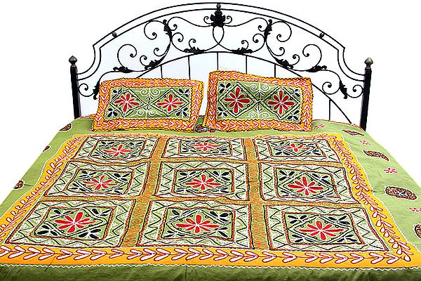 Green and Amber Gujarati Bedspread with Hand-Embroidery All-Over