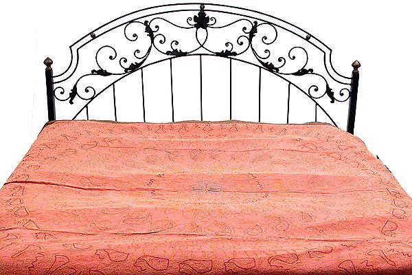 Salmon Stonewash Bedspread with Embroidery in Golden Thread