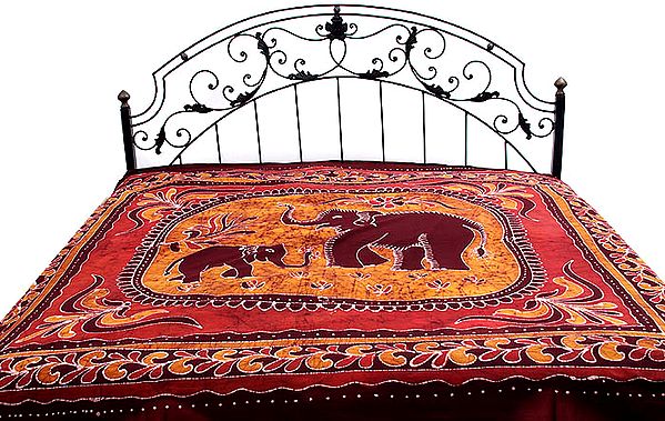 Amber and Maroon Batik Bedspread with Elephants