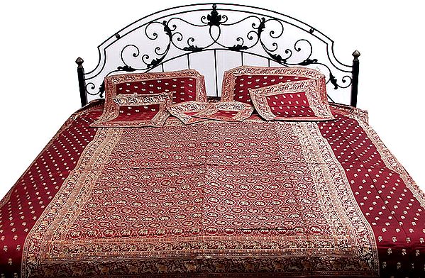 Burgundy Seven-Piece Bedcover Hand-woven in Banaras with Woven Elephants