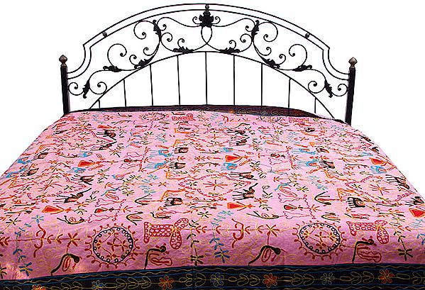 Pink Gujarati Bedspread with All-Over Thread Work