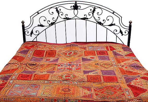 Multi-Color Bedcover from Kutch with Mirrors and Antique Thread Work