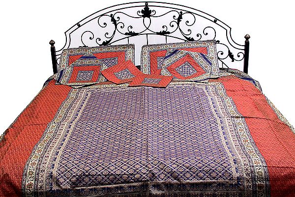 Blue and Red Seven-Piece Banarasi Bedcover with Tanchoi Weave