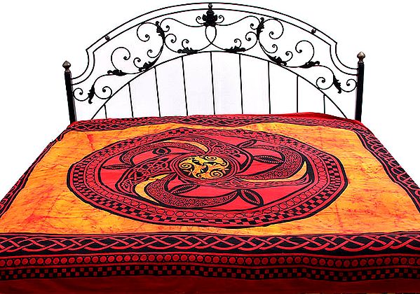 Amber and Red Batik Bedspread with Printed Chakra
