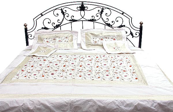 Ivory Bedcover with All-Over Embroidered Flowers and Brocaded Border