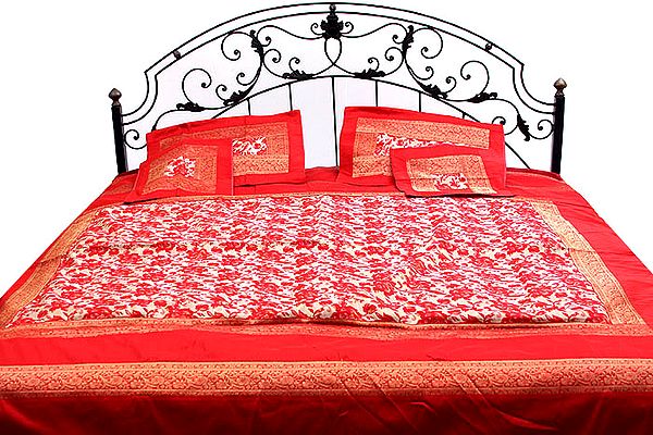 Red Bedcover with All-Over Brocade Woven Flowers