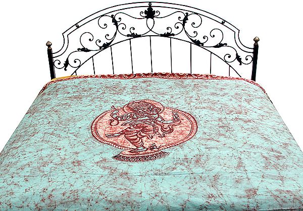 Dancing Ganesha on an Aqua-Marine Batik Bedspread