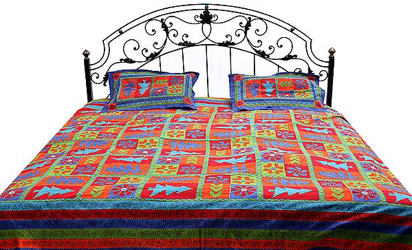 Multi-Colored Kantha Stitch Bedspread with Ghungroos