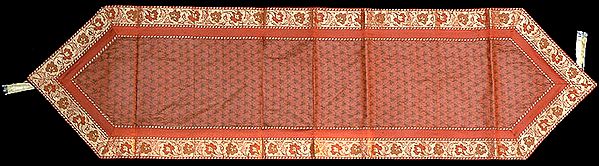 Burnt-Orange Brocaded Table Runner from Banaras with Tanchoi Weave