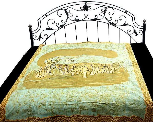 Green Single-Bed Batik Bedspread with Elephant Herd