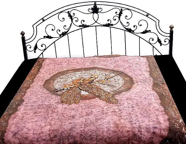 Pink Single-Bed Batik Bedspread with Two Peacocks