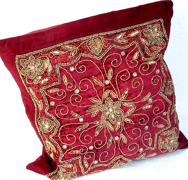 Burgundy Velvet Cushion Cover with Antique Beadwork and Sequins