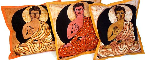 Lot of Three Small Batik Cushion Covers with Gautam Buddha