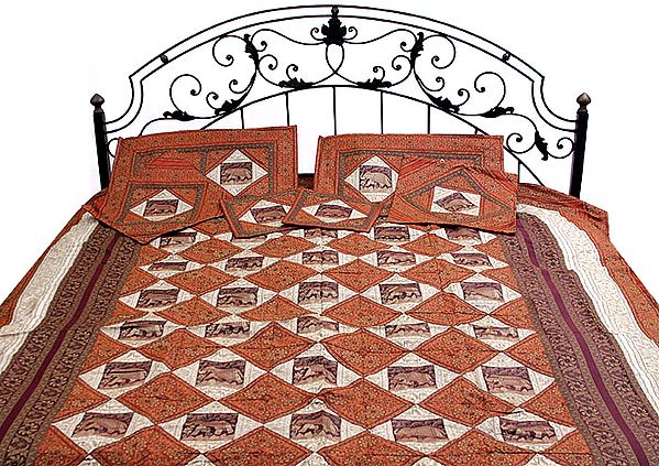 Rust and Ivory Seven-Piece Banarasi Bedcover with Woven Elephants