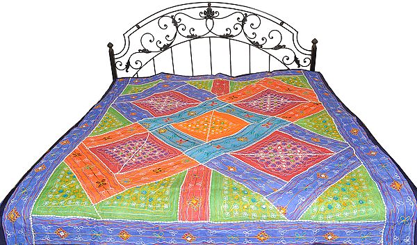 Multicolor Embroidered Bedspread from Kutch with Patchwork and Mirrors