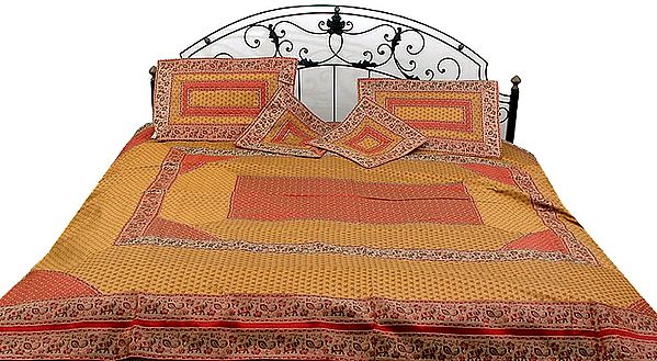 Mustard and Red Seven Piece Banarasi Bedcover with All-Over Tanchoi Weave