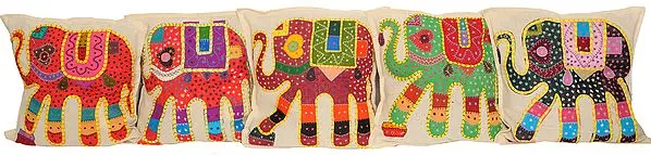Lot of Five Appliqué Elephant Cushion Covers with All-Over Kantha Embroidery