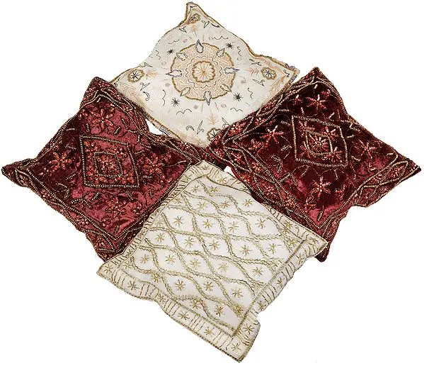 Lot of Four Net Cushion Covers with Antique Beadwork