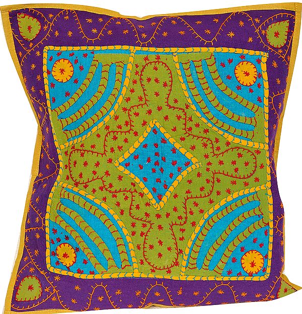 Tri-Color Appliqué Cushion Cover with Kantha Embroidery by Hand