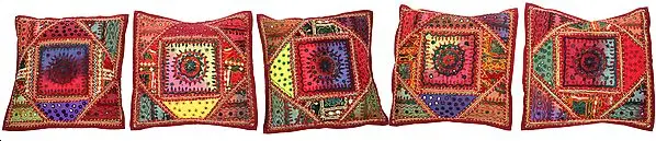 Lot of Five Cushion Covers from Kutch with All-Over Embroidery and Mirrors