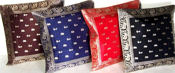 Lot of Four Banarasi Cushion Covers with Elephants and Peacocks