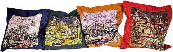 Lot of Four Large Batik Cushion Covers with Landscape Scenes