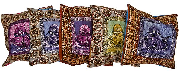Lot of Five Batik Cushion Covers with Auspicious Fishes