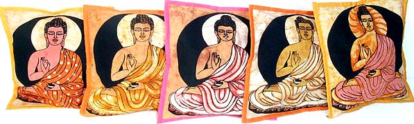 Lot of Five Small Batik Cushion Covers with Gautam Buddha