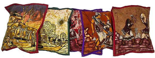 Lot of Five Batik Cushion Covers with Village Scenes