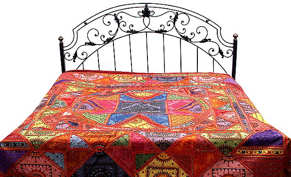 Multi-Color Solar Bedcover from Kutch with Mirrors and All-Over Thread Work