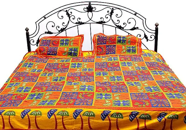 Multi-Color Kantha Stitch Bedspread with Printed Palm Trees
