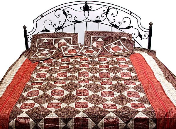 Maroon and Red Seven-Piece Banarasi Bedcover with Woven Flower Pot
