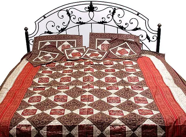 Maroon and Red Seven-Piece Banarasi Bedcover with Woven Flower Pot