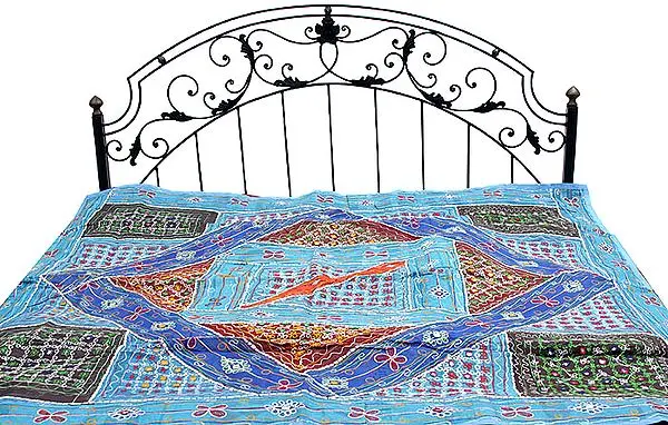 Light-Blue Bedcover from Kutch with Mirrors and Beads