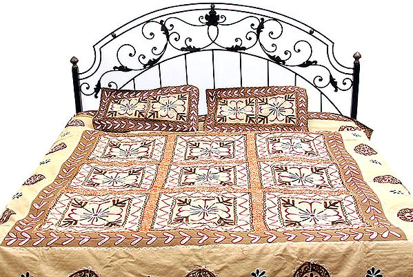Beige Gujarati Bedspread with Hand-Embroidery All-Over