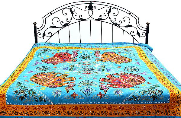 Azure Gujarati Bedspread with Appliqué Elephants and All-Over Embroidery