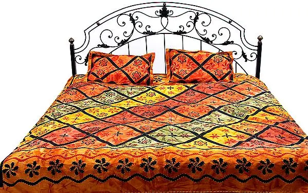 Multi-Color Kantha Stitch Bedspread with Floral Print